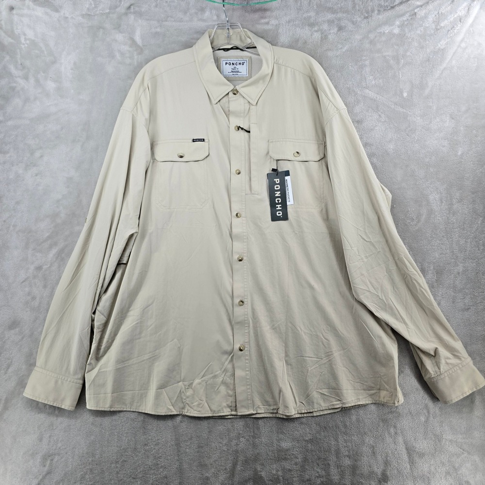 Poncho The Hey Buddy Shirt Mens XXL Tan Magnetic Pocket Long Sleeve Fishing
